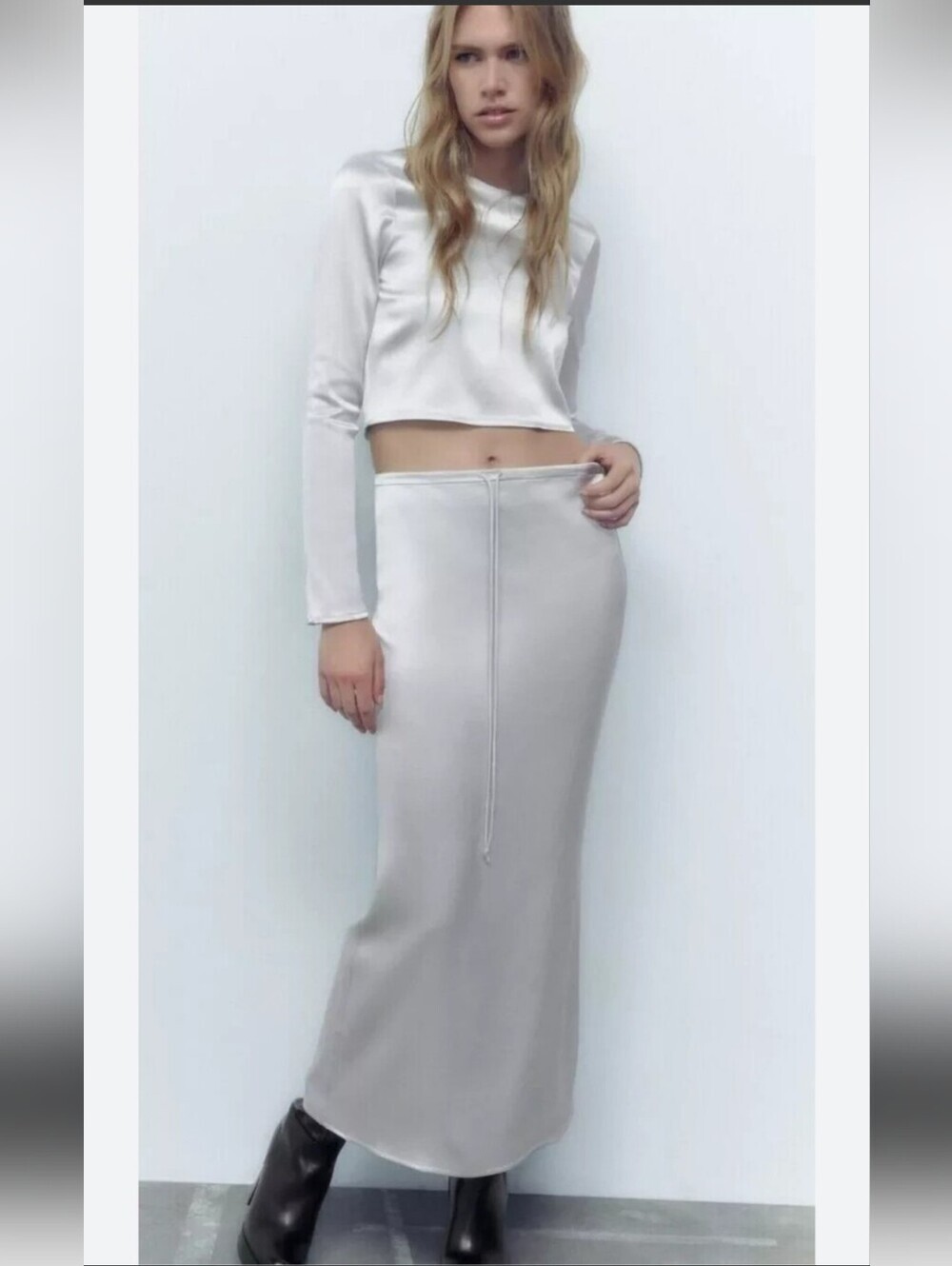 Zara Silver Satin Midi Maxi Skirt Drawstring Waist Size S